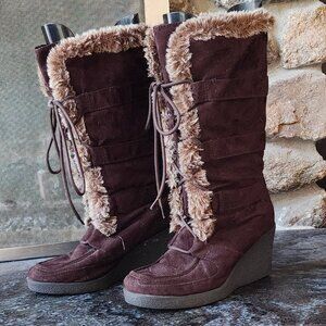 American Eagle Outfitters Vintage Faux Brown Suede & Fur Wedge Boots 3" Heel